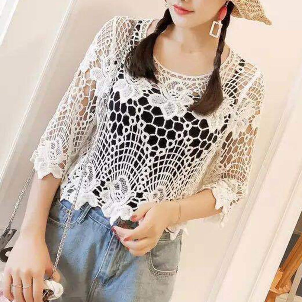 Women Hollow Out Embroidery Floral Lace Cover Up O-Neck Half Sleeve Jacquard Solid Color Loose Fit Pullover Tops Image 2