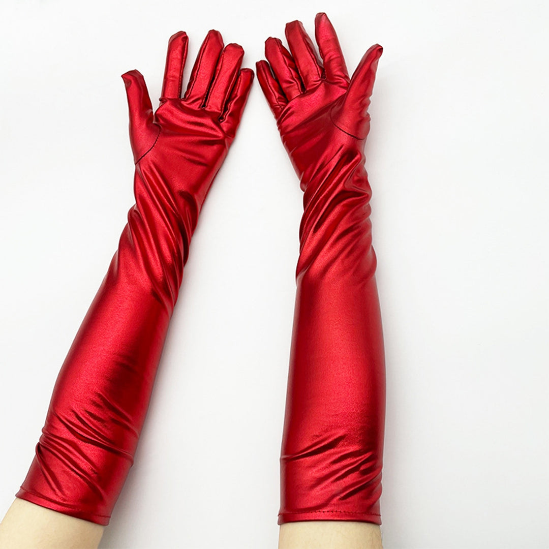 1 Pair Women Gloves Smooth Faux Leather Solid Color Full Fingers Elastic Elbow Length Night Club Cosplay Performance Image 10