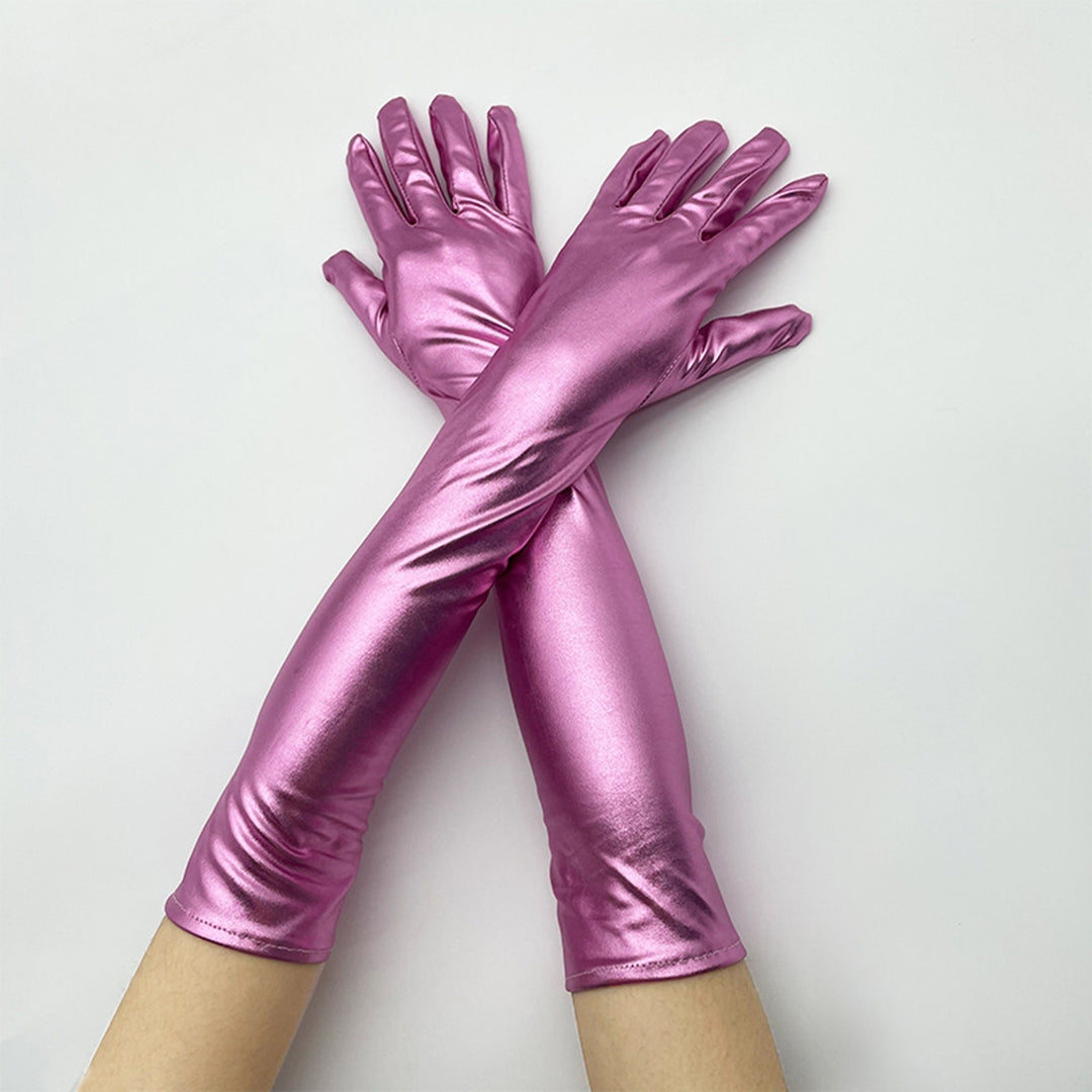 1 Pair Women Gloves Smooth Faux Leather Solid Color Full Fingers Elastic Elbow Length Night Club Cosplay Performance Image 11