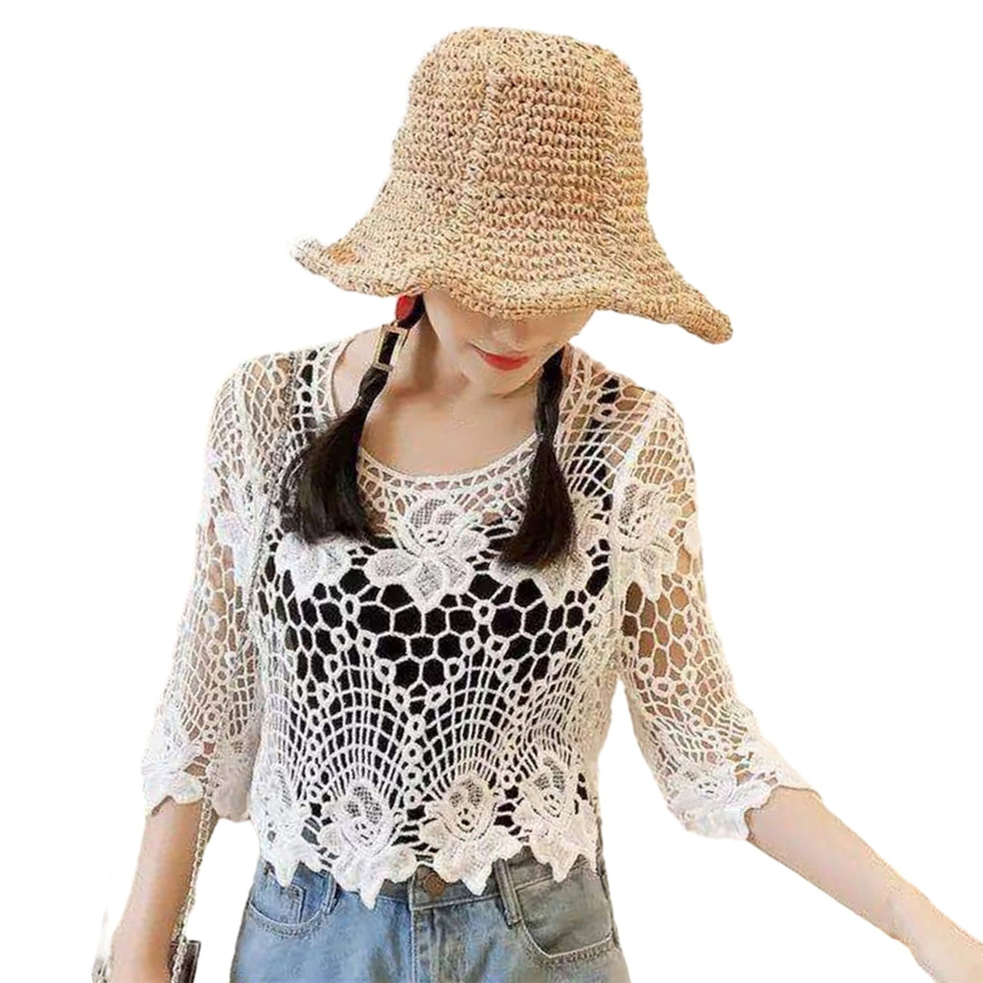 Women Hollow Out Embroidery Floral Lace Cover Up O-Neck Half Sleeve Jacquard Solid Color Loose Fit Pullover Tops Image 4