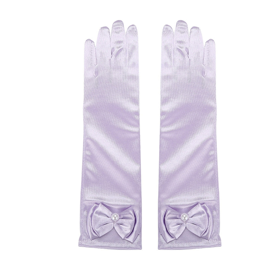 1 Pair Children Performance Gloves Faux Pearl Bow Decor Solid Color Full Fingers Satin Flower Girls Gloves Princess Image 7