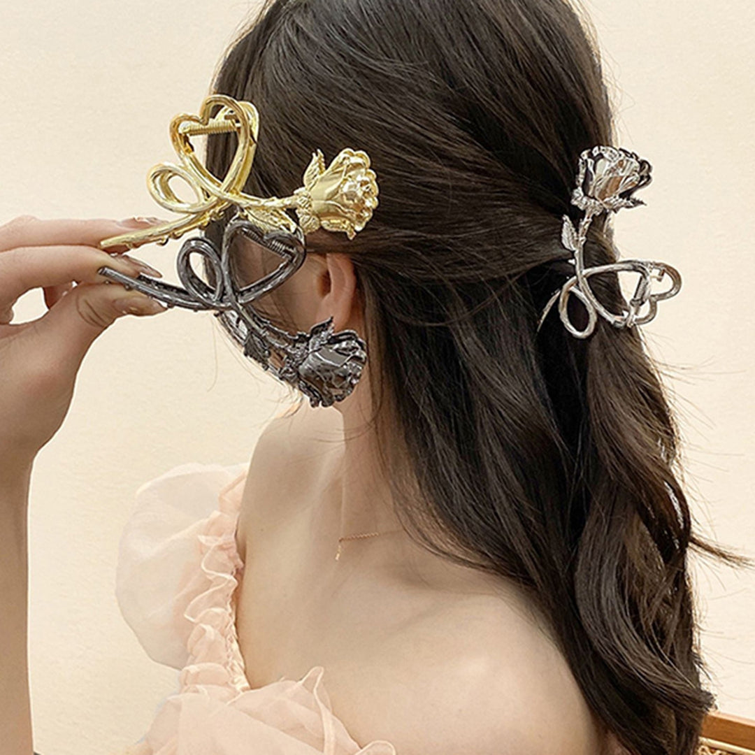 Retro Metal Heart Rose Flower Shape Hair Claw Large Bath Shower Back Head Hair Clip Women Shark Hair Claw Hair Image 6