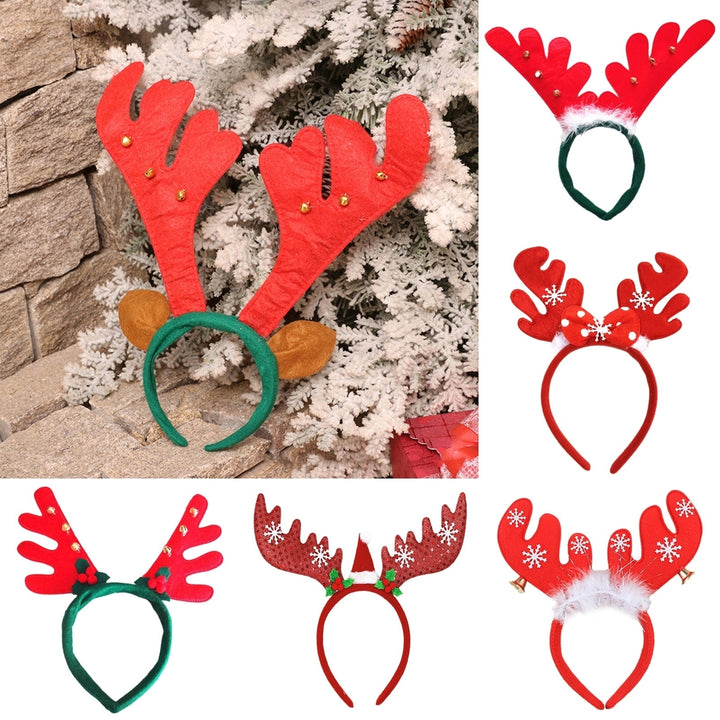 Christmas Headband Antler Shape Bell Snaowflake Sequin Feather Decor Elastic Anti-slip Year Image 1