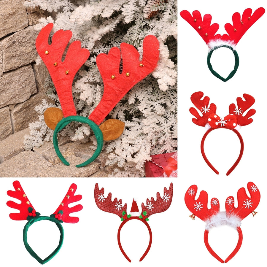 Christmas Headband Antler Shape Bell Snaowflake Sequin Feather Decor Elastic Anti-slip  Year Image 1