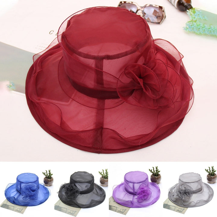 Ladies Organza Flower Hat Wide Brim Outdoor Beach Hat Foldable Sun Hat Retro Style Evening Party Image 1