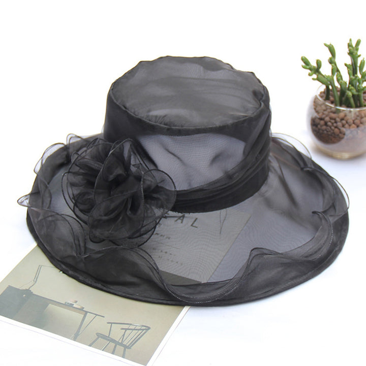 Ladies Organza Flower Hat Wide Brim Outdoor Beach Hat Foldable Sun Hat Retro Style Evening Party Image 9