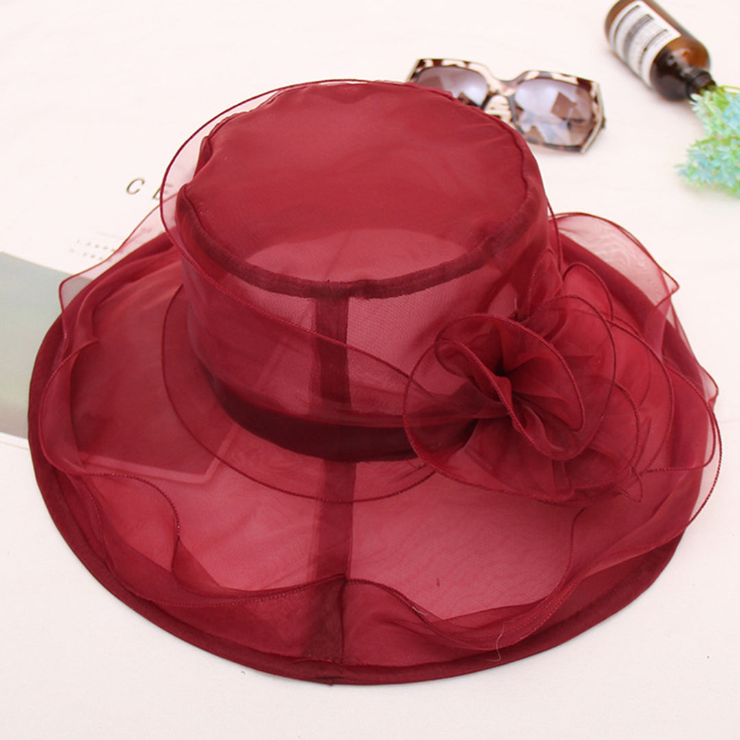 Ladies Organza Flower Hat Wide Brim Outdoor Beach Hat Foldable Sun Hat Retro Style Evening Party Image 11