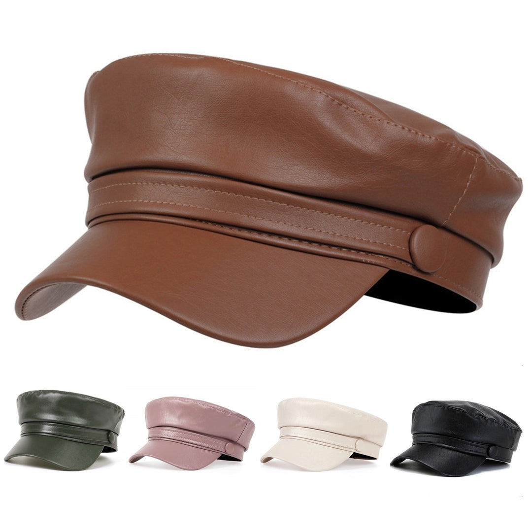 Women Extended Brim Beret Hat Flat Dome Faux Leather Newsboy Hat Outdoor Solid Color Leisure Hat Streetwear Image 1