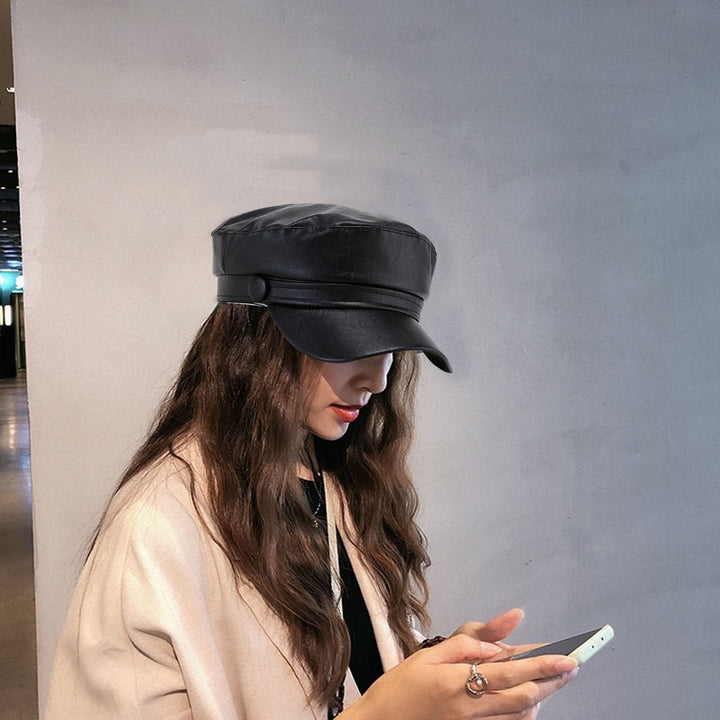 Women Extended Brim Beret Hat Flat Dome Faux Leather Newsboy Hat Outdoor Solid Color Leisure Hat Streetwear Image 8