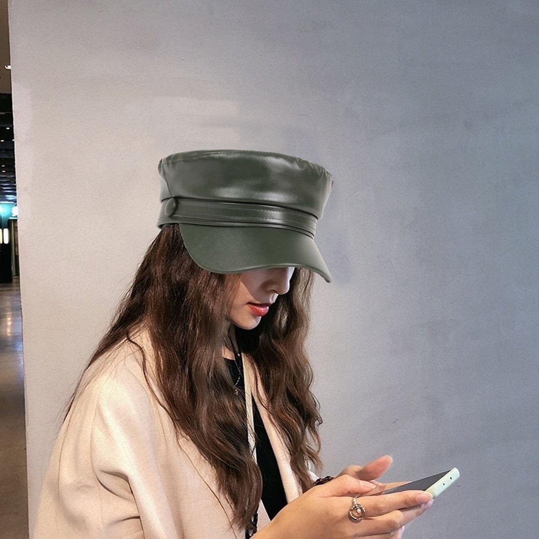 Women Extended Brim Beret Hat Flat Dome Faux Leather Newsboy Hat Outdoor Solid Color Leisure Hat Streetwear Image 12