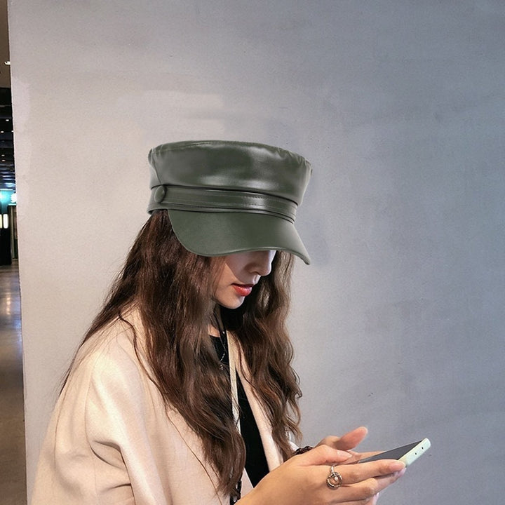 Women Extended Brim Beret Hat Flat Dome Faux Leather Newsboy Hat Outdoor Solid Color Leisure Hat Streetwear Image 12