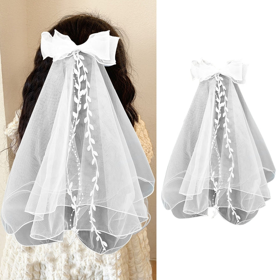 Bridal Bowknot Decor Double Layer Head Veil with Hair Comb Wedding Photography Performance Princess Bow Veil Hair Image 1