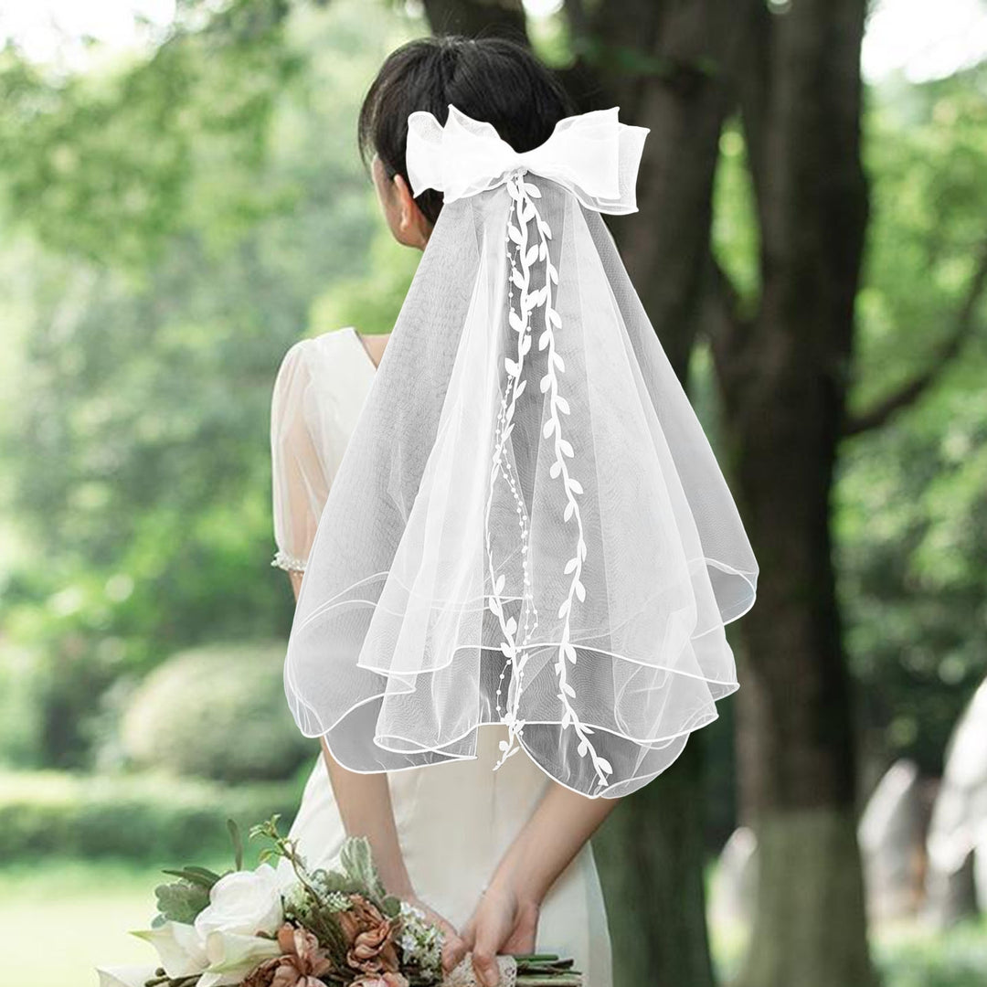 Bridal Bowknot Decor Double Layer Head Veil with Hair Comb Wedding Photography Performance Princess Bow Veil Hair Image 3