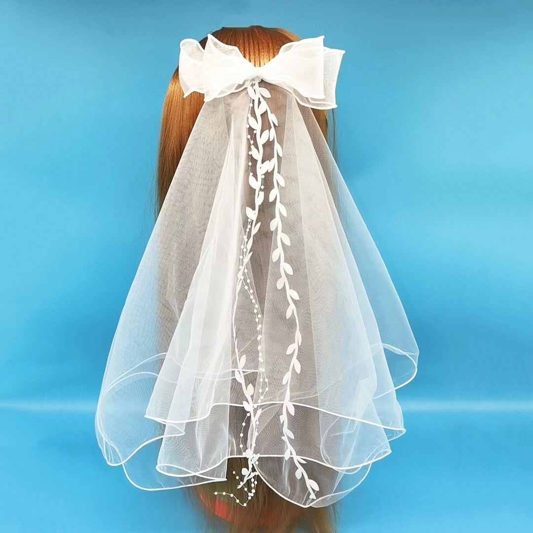 Bridal Bowknot Decor Double Layer Head Veil with Hair Comb Wedding Photography Performance Princess Bow Veil Hair Image 4
