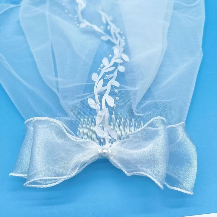 Bridal Bowknot Decor Double Layer Head Veil with Hair Comb Wedding Photography Performance Princess Bow Veil Hair Image 9