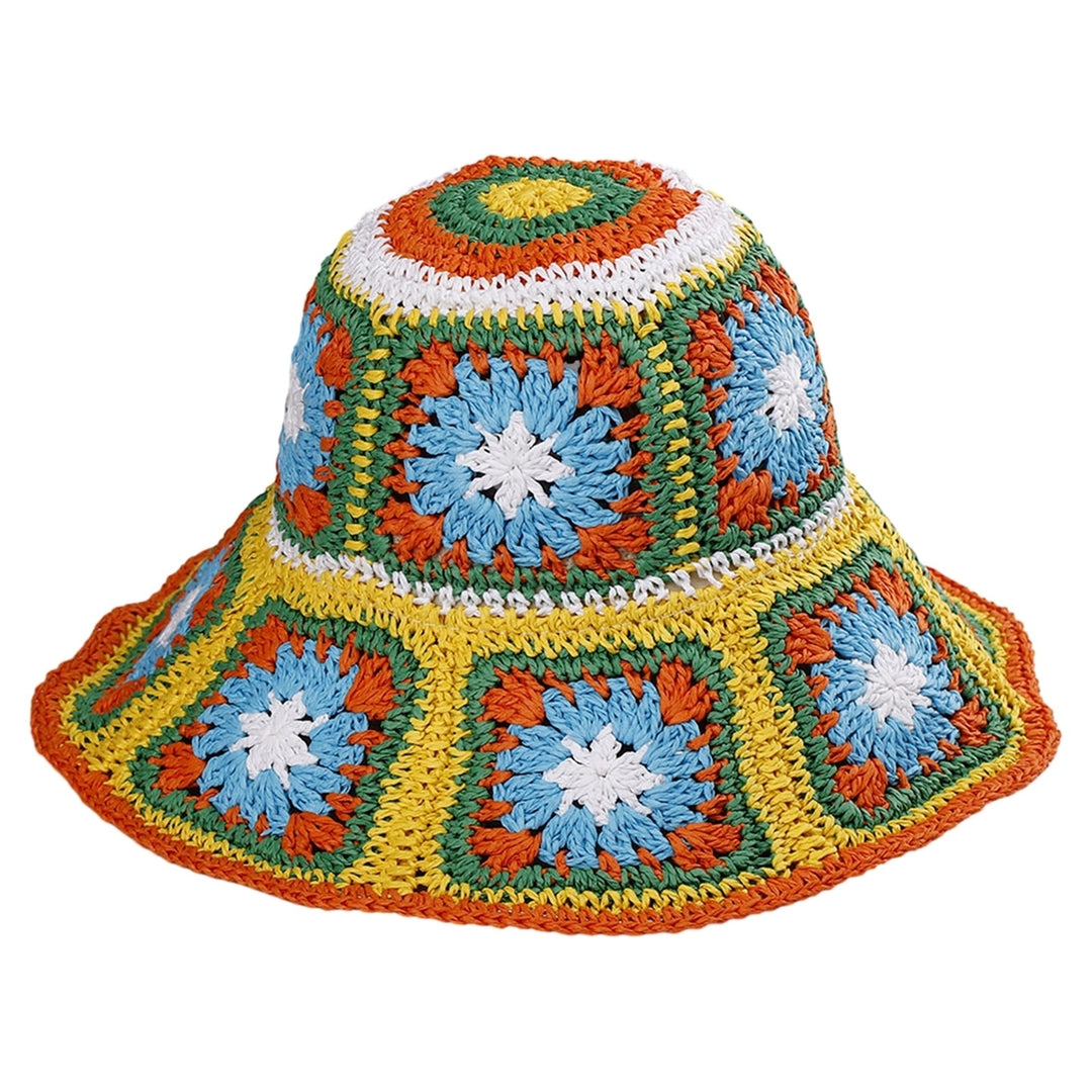 Fisherman Hat Floral Pattern Crochet Straw Sun Hat Anti-UV Sun Protection Foldable Packable Wide Brim Bucket Hat Summer Image 3