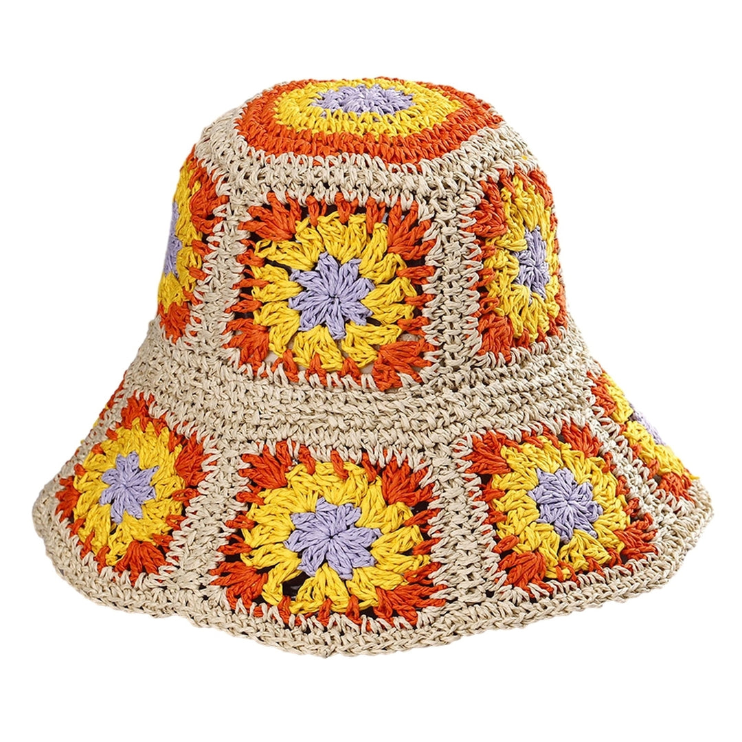 Fisherman Hat Floral Pattern Crochet Straw Sun Hat Anti-UV Sun Protection Foldable Packable Wide Brim Bucket Hat Summer Image 4