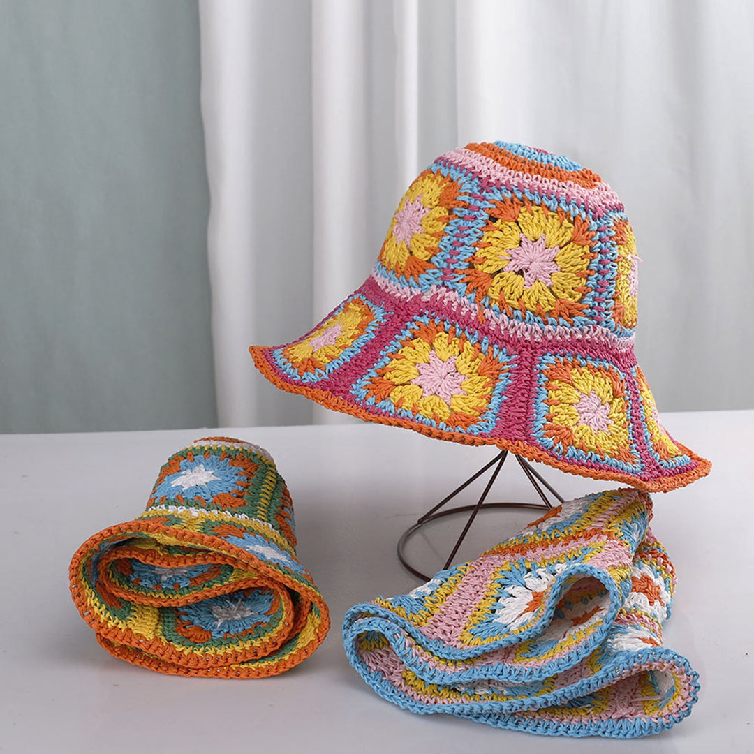 Fisherman Hat Floral Pattern Crochet Straw Sun Hat Anti-UV Sun Protection Foldable Packable Wide Brim Bucket Hat Summer Image 8