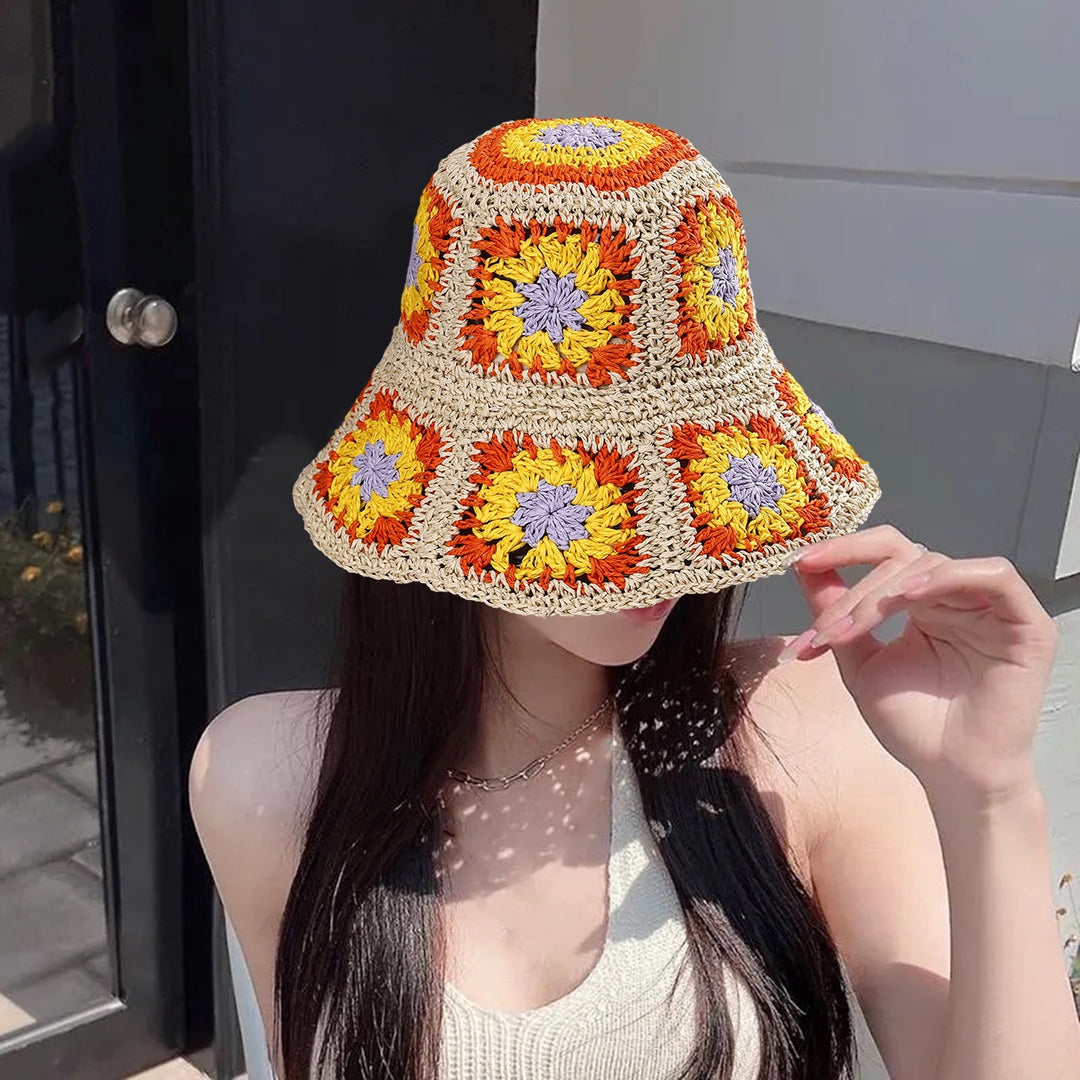 Fisherman Hat Floral Pattern Crochet Straw Sun Hat Anti-UV Sun Protection Foldable Packable Wide Brim Bucket Hat Summer Image 9