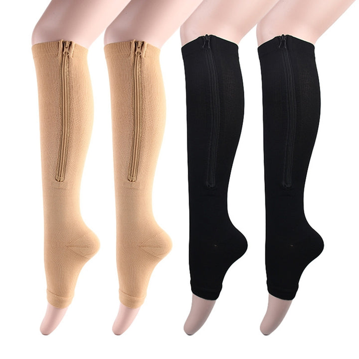 2 Pairs Women Men Side Zipper Compression Socks 15-20 mmHg Open Toe Knee High Support Socks Varicose Vein Run Socks Image 1