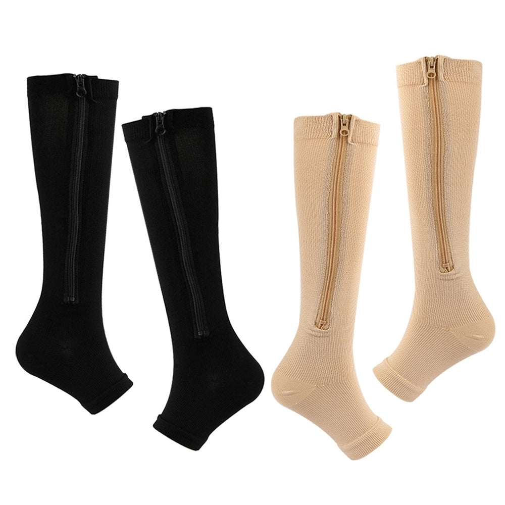 2 Pairs Women Men Side Zipper Compression Socks 15-20 mmHg Open Toe Knee High Support Socks Varicose Vein Run Socks Image 2