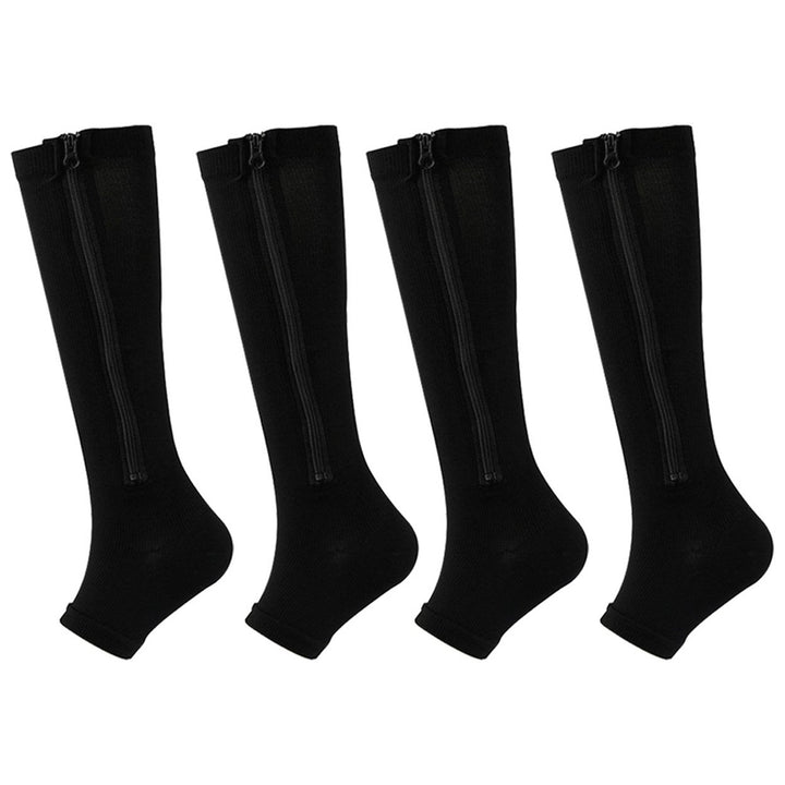 2 Pairs Women Men Side Zipper Compression Socks 15-20 mmHg Open Toe Knee High Support Socks Varicose Vein Run Socks Image 1