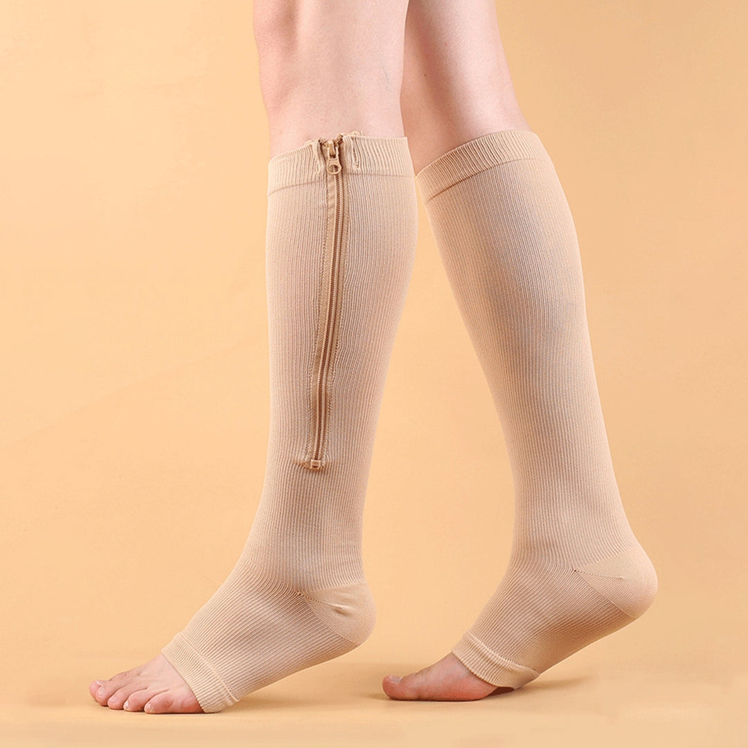 2 Pairs Women Men Side Zipper Compression Socks 15-20 mmHg Open Toe Knee High Support Socks Varicose Vein Run Socks Image 4