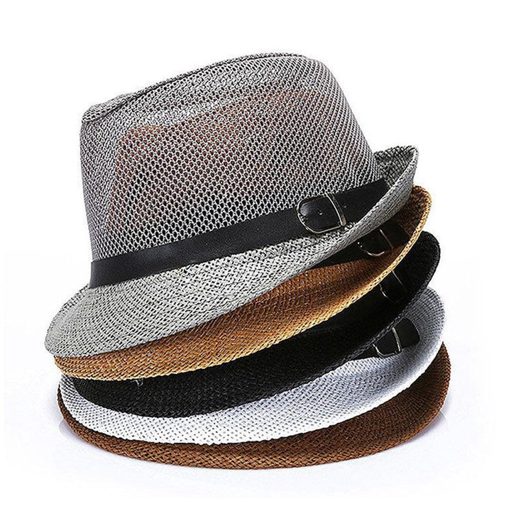 Unisex Hollow Mesh Jazz Hat Solid Color Belt Decor Breathable Sun Hat Flat Top Wide Brim Sunscreen Jazz Hat Image 1