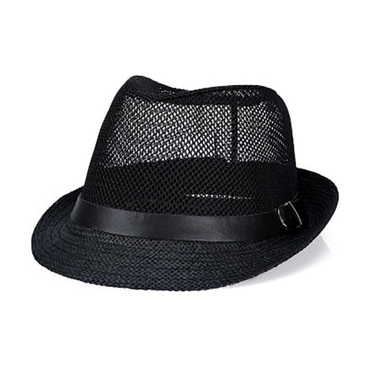 Unisex Hollow Mesh Jazz Hat Solid Color Belt Decor Breathable Sun Hat Flat Top Wide Brim Sunscreen Jazz Hat Image 2