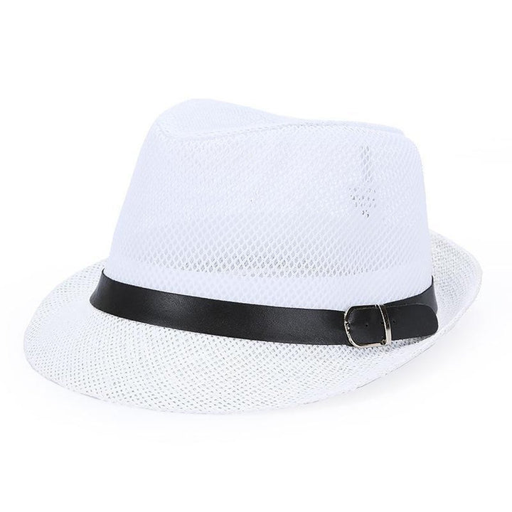 Unisex Hollow Mesh Jazz Hat Solid Color Belt Decor Breathable Sun Hat Flat Top Wide Brim Sunscreen Jazz Hat Image 3