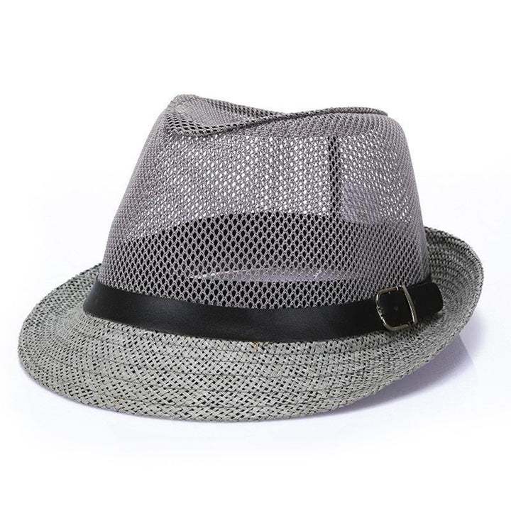 Unisex Hollow Mesh Jazz Hat Solid Color Belt Decor Breathable Sun Hat Flat Top Wide Brim Sunscreen Jazz Hat Image 4