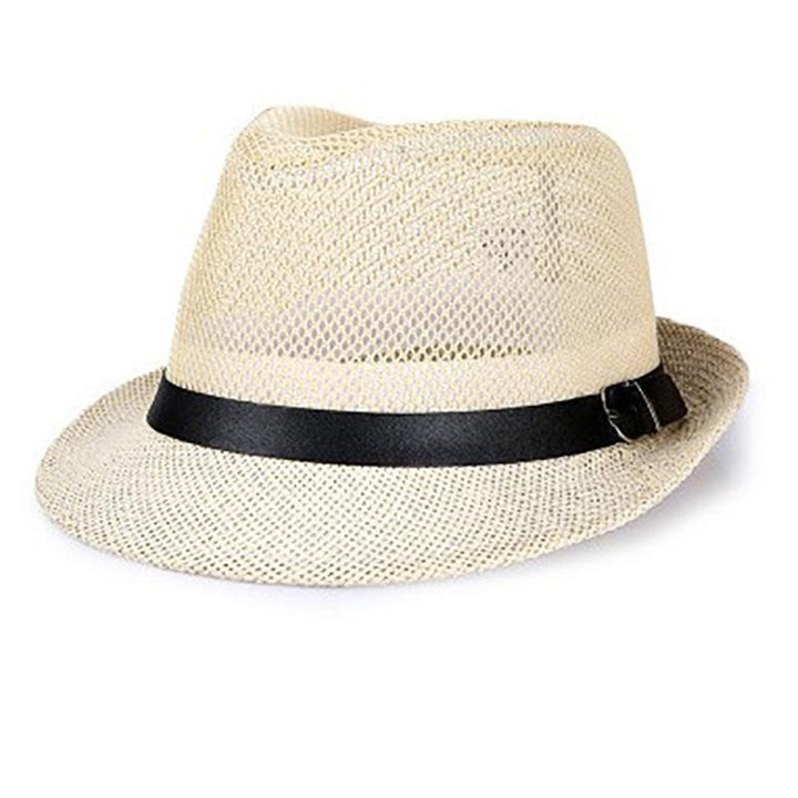 Unisex Hollow Mesh Jazz Hat Solid Color Belt Decor Breathable Sun Hat Flat Top Wide Brim Sunscreen Jazz Hat Image 4