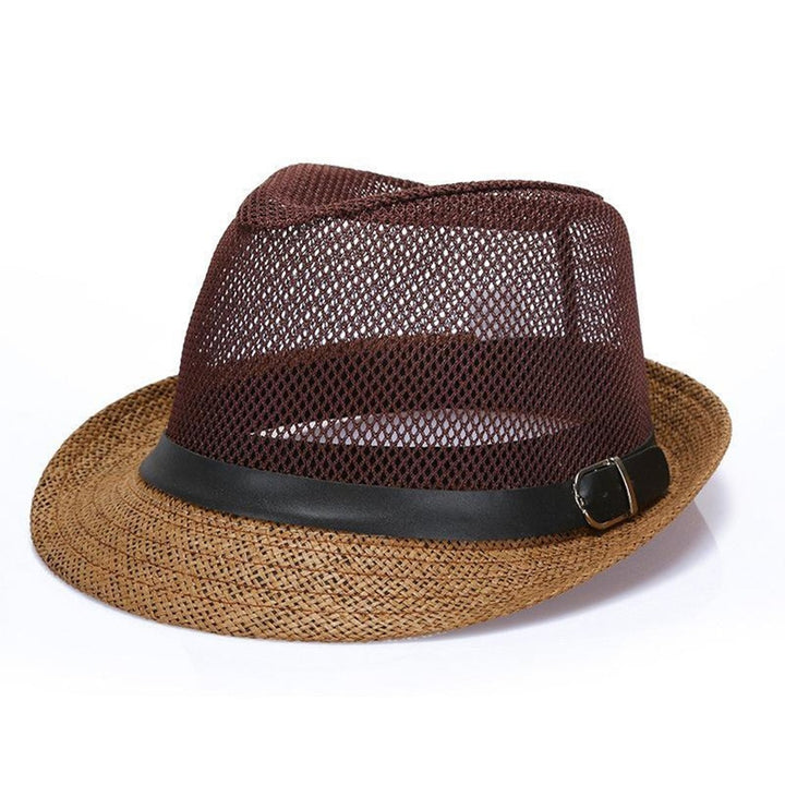 Unisex Hollow Mesh Jazz Hat Solid Color Belt Decor Breathable Sun Hat Flat Top Wide Brim Sunscreen Jazz Hat Image 6