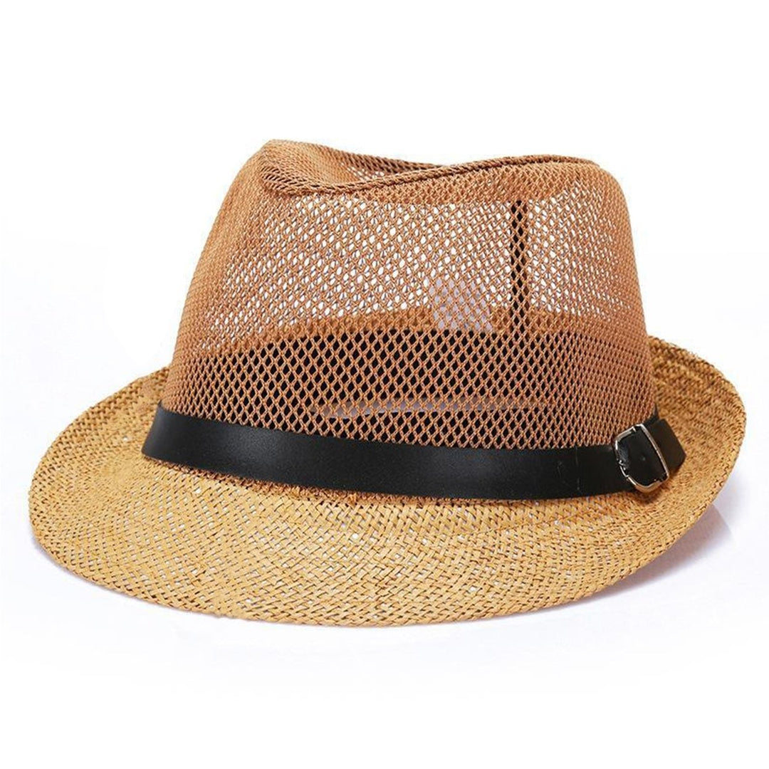 Unisex Hollow Mesh Jazz Hat Solid Color Belt Decor Breathable Sun Hat Flat Top Wide Brim Sunscreen Jazz Hat Image 7