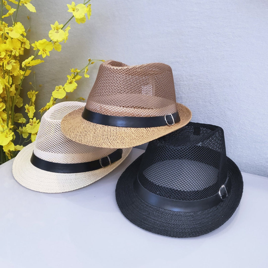 Unisex Hollow Mesh Jazz Hat Solid Color Belt Decor Breathable Sun Hat Flat Top Wide Brim Sunscreen Jazz Hat Image 8