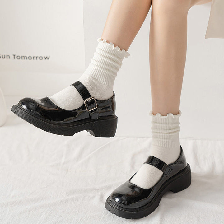 1 Pair Ladies Socks Ruffle Middle Tube Ankle High Shirring Edge Striped Texture High Elasticity Anti-slip Soft Image 4