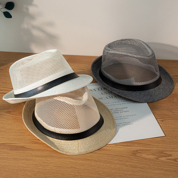 Unisex Hollow Mesh Jazz Hat Solid Color Belt Decor Breathable Sun Hat Flat Top Wide Brim Sunscreen Jazz Hat Image 9