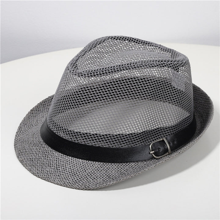 Unisex Hollow Mesh Jazz Hat Solid Color Belt Decor Breathable Sun Hat Flat Top Wide Brim Sunscreen Jazz Hat Image 10