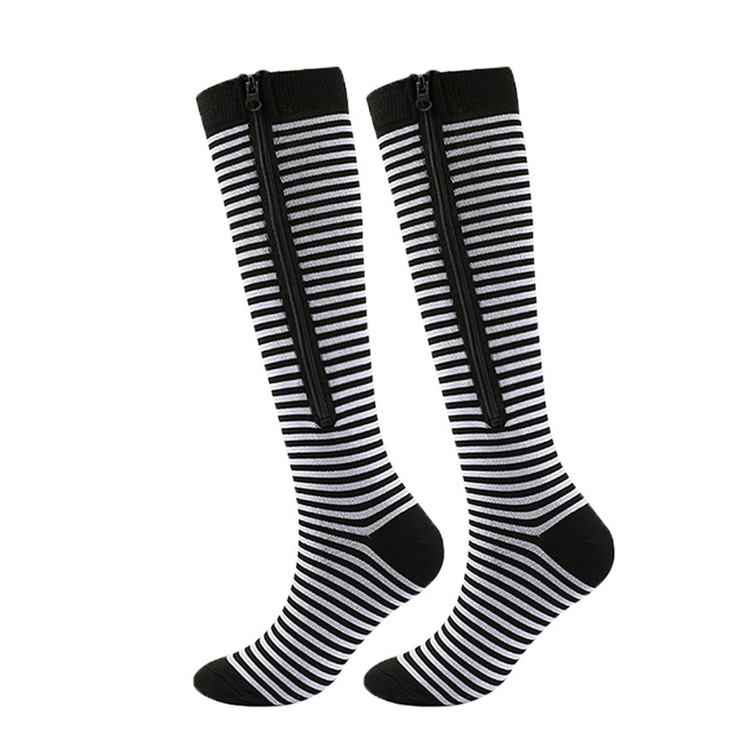 1 Pair Stockings Zipper Closure Convenient Wear Striped Print Solid Color Cold Resistant Compression Anti-slip Soft Warm Image 3