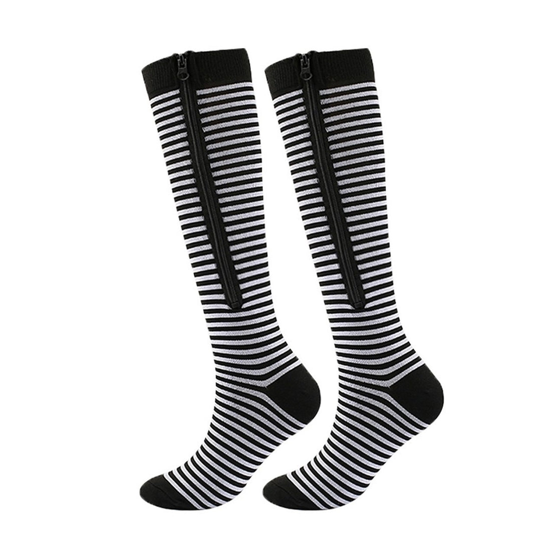 1 Pair Stockings Zipper Closure Convenient Wear Striped Print Solid Color Cold Resistant Compression Anti-slip Soft Warm Image 1