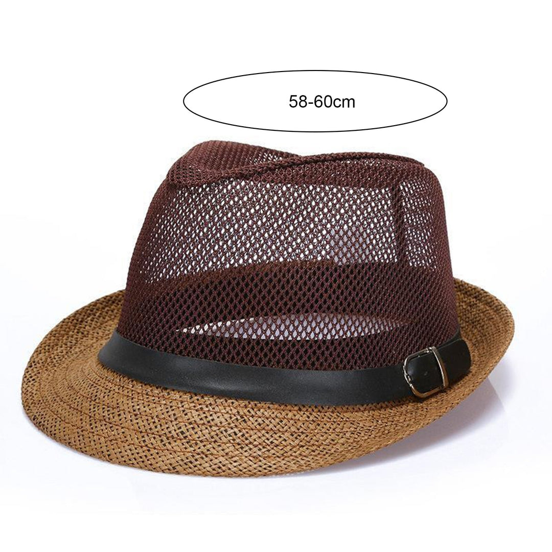 Unisex Hollow Mesh Jazz Hat Solid Color Belt Decor Breathable Sun Hat Flat Top Wide Brim Sunscreen Jazz Hat Image 11