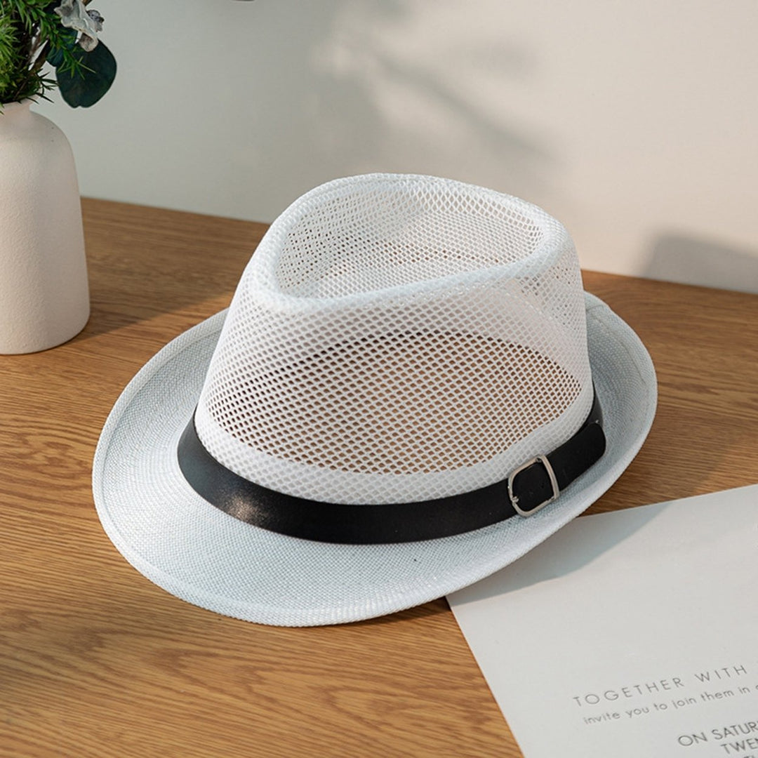 Unisex Hollow Mesh Jazz Hat Solid Color Belt Decor Breathable Sun Hat Flat Top Wide Brim Sunscreen Jazz Hat Image 12