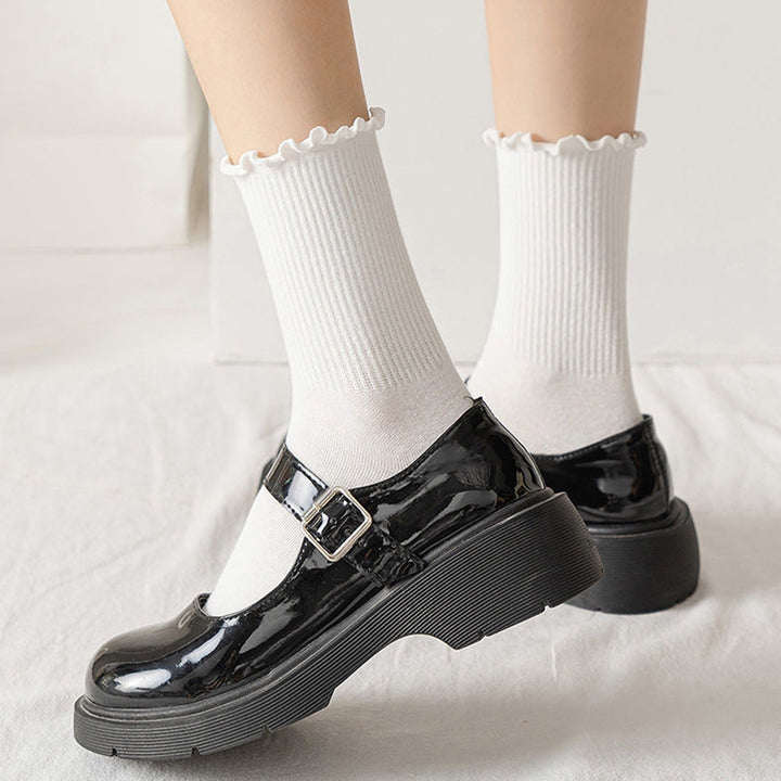 1 Pair Ladies Socks Ruffle Middle Tube Ankle High Shirring Edge Striped Texture High Elasticity Anti-slip Soft Image 8
