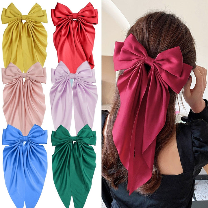 5Pcs Satin Bow Hair Barrettes Girl Long Ribbon Large Bowknot Decor Hair Clip Wedding Prom Party Hair Accessories Image 1