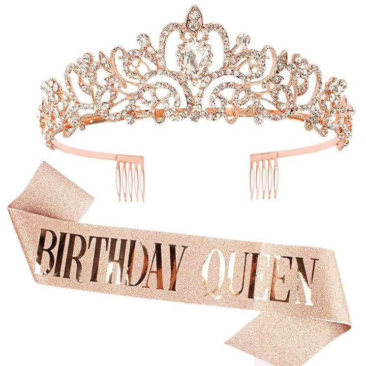 2Pcs/Set Women Shiny Rhinestone Birthday Tiara Crowns Belt Set Girls Princess Crown with Combs Birthday Party Decoration Image 1