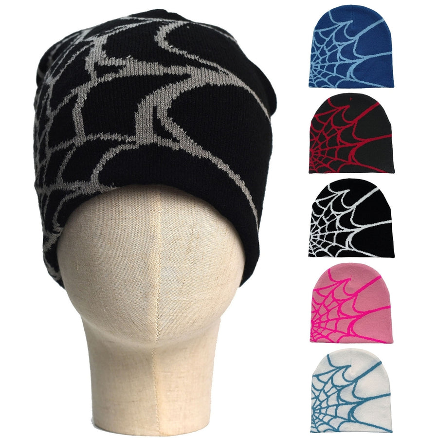 Winter Hat Spider Web Print Knitted Unisex Beanie Hat Halloween Party Cap High Elasticity Image 1