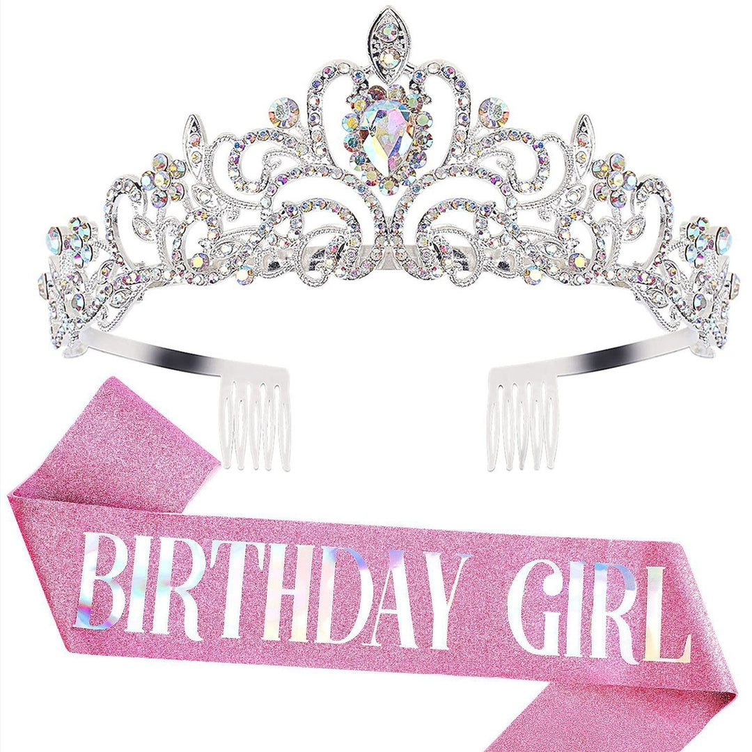 2Pcs/Set Women Shiny Rhinestone Birthday Tiara Crowns Belt Set Girls Princess Crown with Combs Birthday Party Decoration Image 4