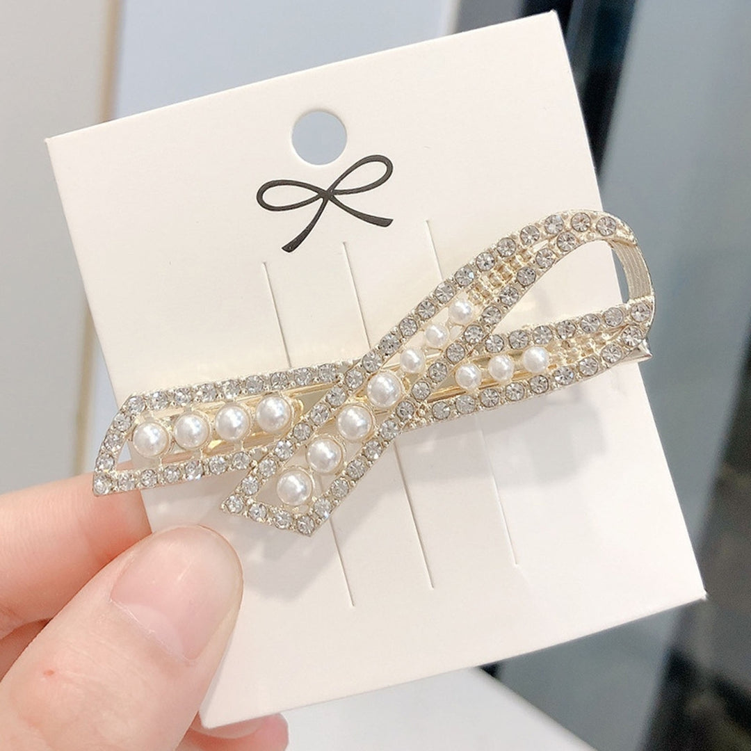 Women Hairpin Bow Shape Faux Pearl Rhinestone Faux Crystal Decor Hollow Out Exquisite Anti-slip Sparkling Luxury Hair Image 12