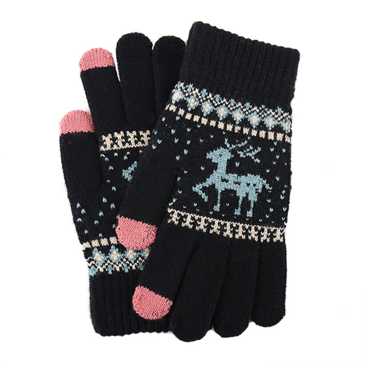 1 Pair Winter Fleece Lining Warm Knitting Gloves Stretchy Thicken Touch Screen Full Finger Mittens Christmas Snowflake Image 2