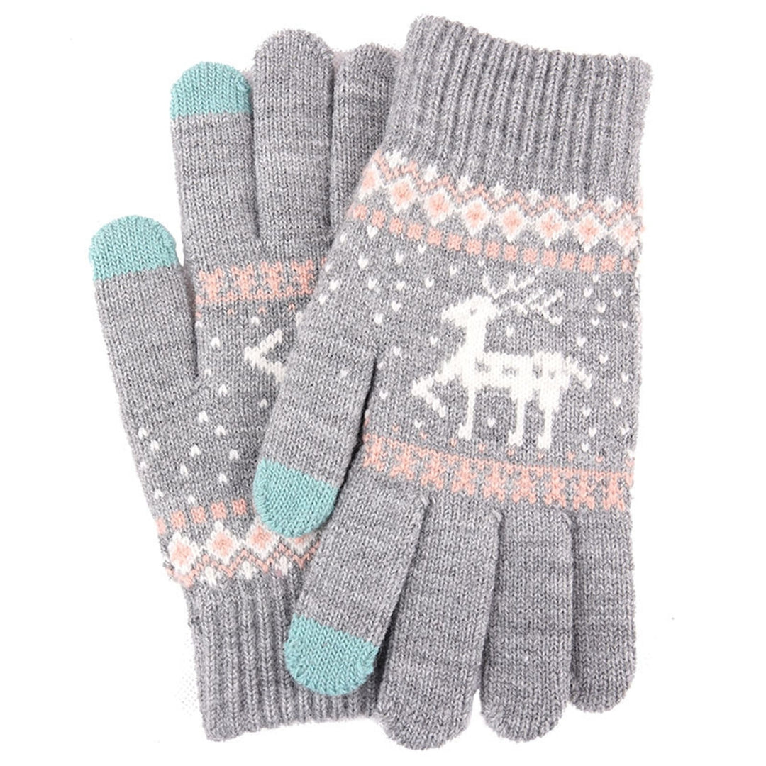 1 Pair Winter Fleece Lining Warm Knitting Gloves Stretchy Thicken Touch Screen Full Finger Mittens Christmas Snowflake Image 3